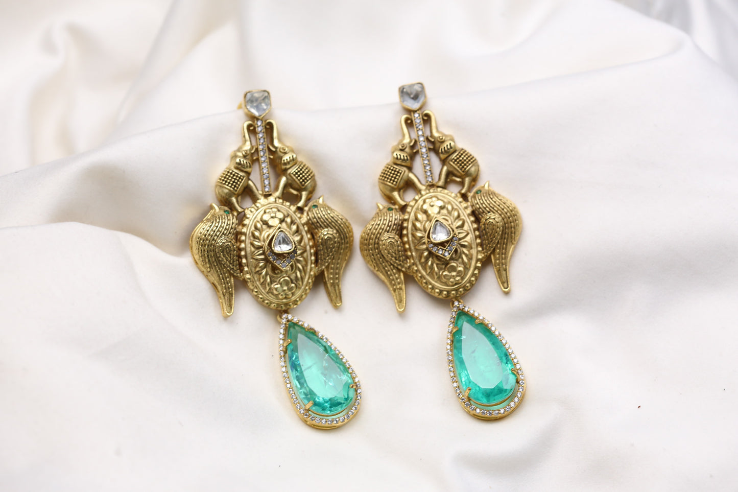 Matt Gold Designer Kundan Doublet Earrings - Mint