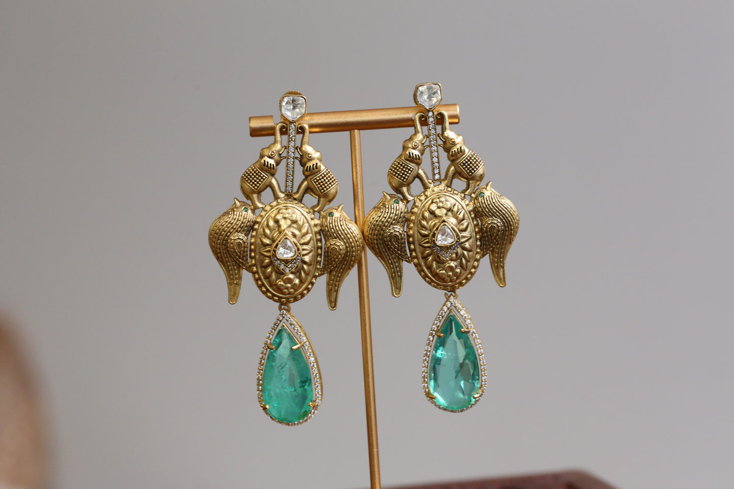 Matt Gold Designer Kundan Doublet Earrings - Mint