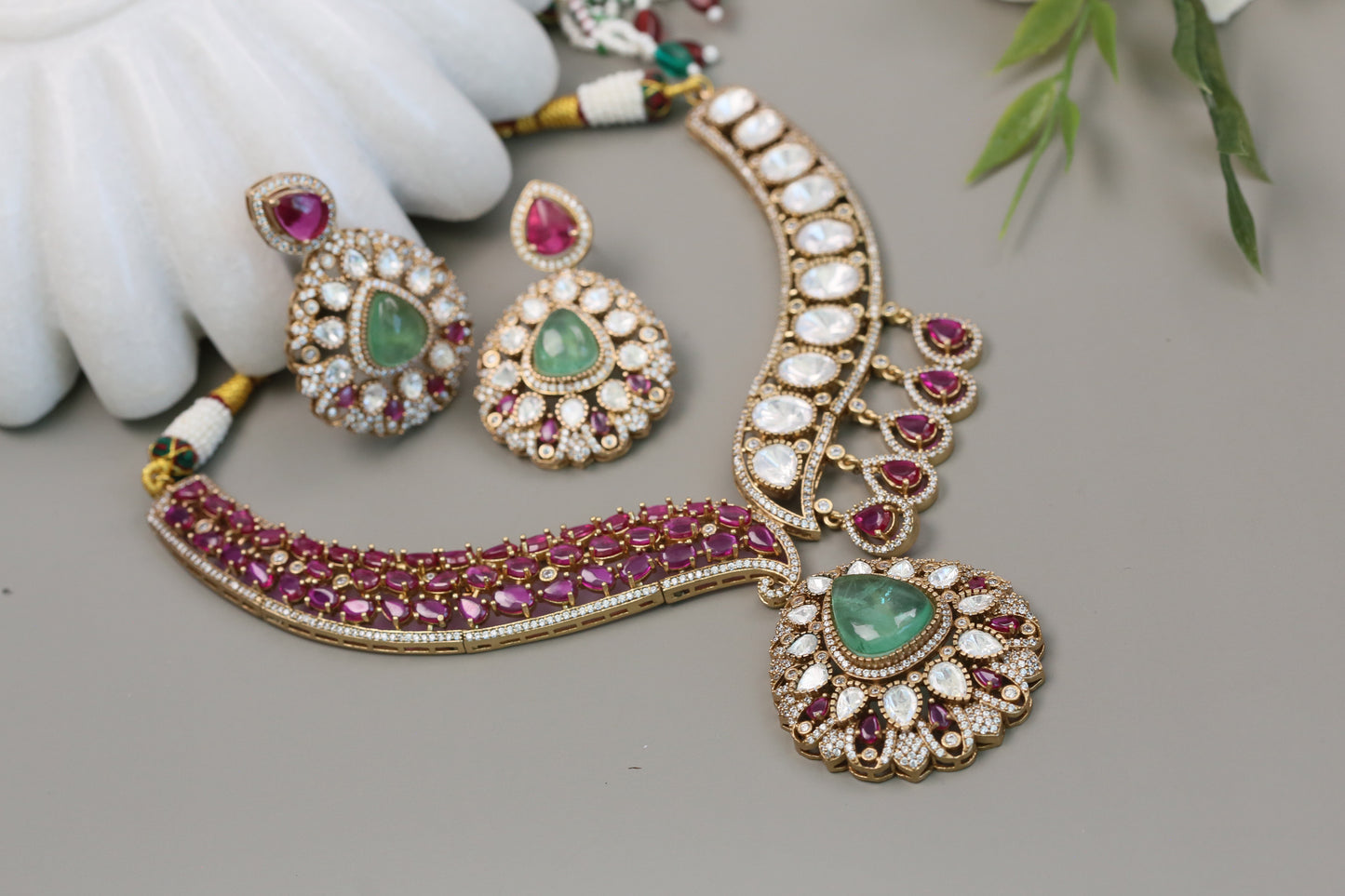 Divya Moissanite, Pota Stones &  Doublet Necklace Set - Ruby (104-64)