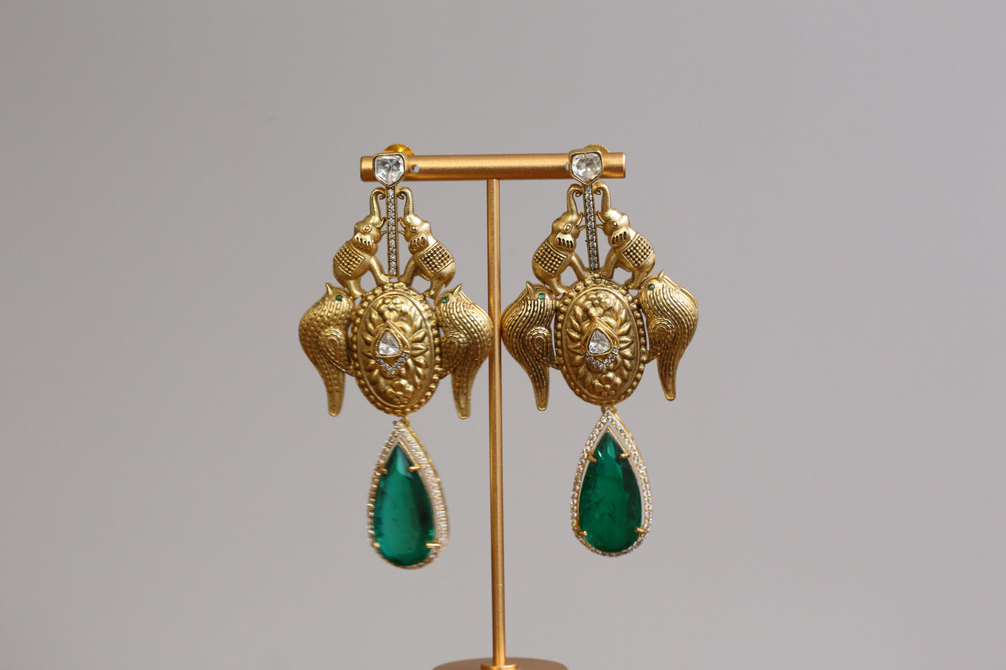 Matt Gold Designer Kundan Doublet Earrings - Green