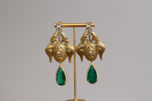 Matt Gold Designer Kundan Doublet Earrings - Green