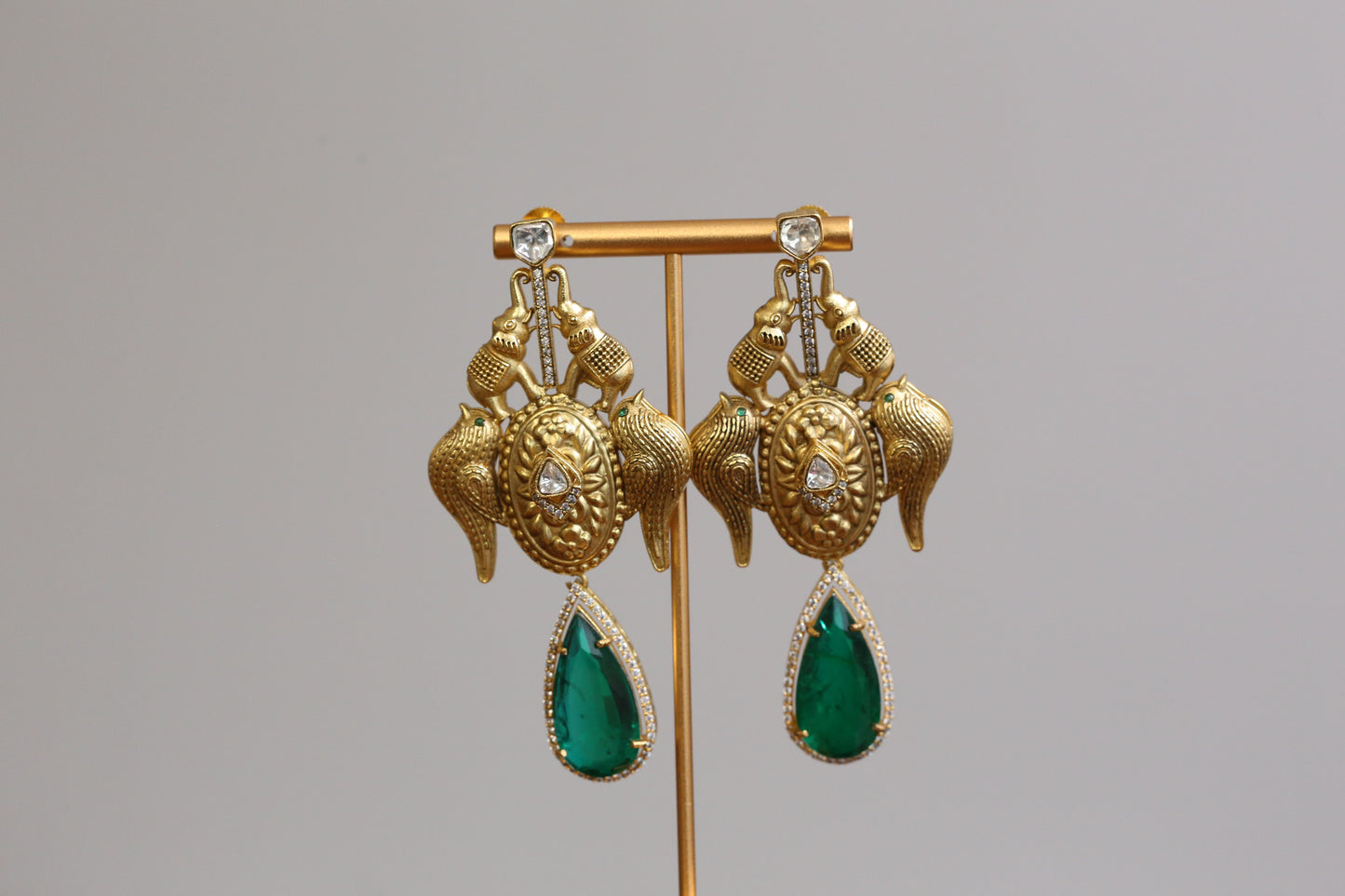 Matt Gold Designer Kundan Doublet Earrings - Green