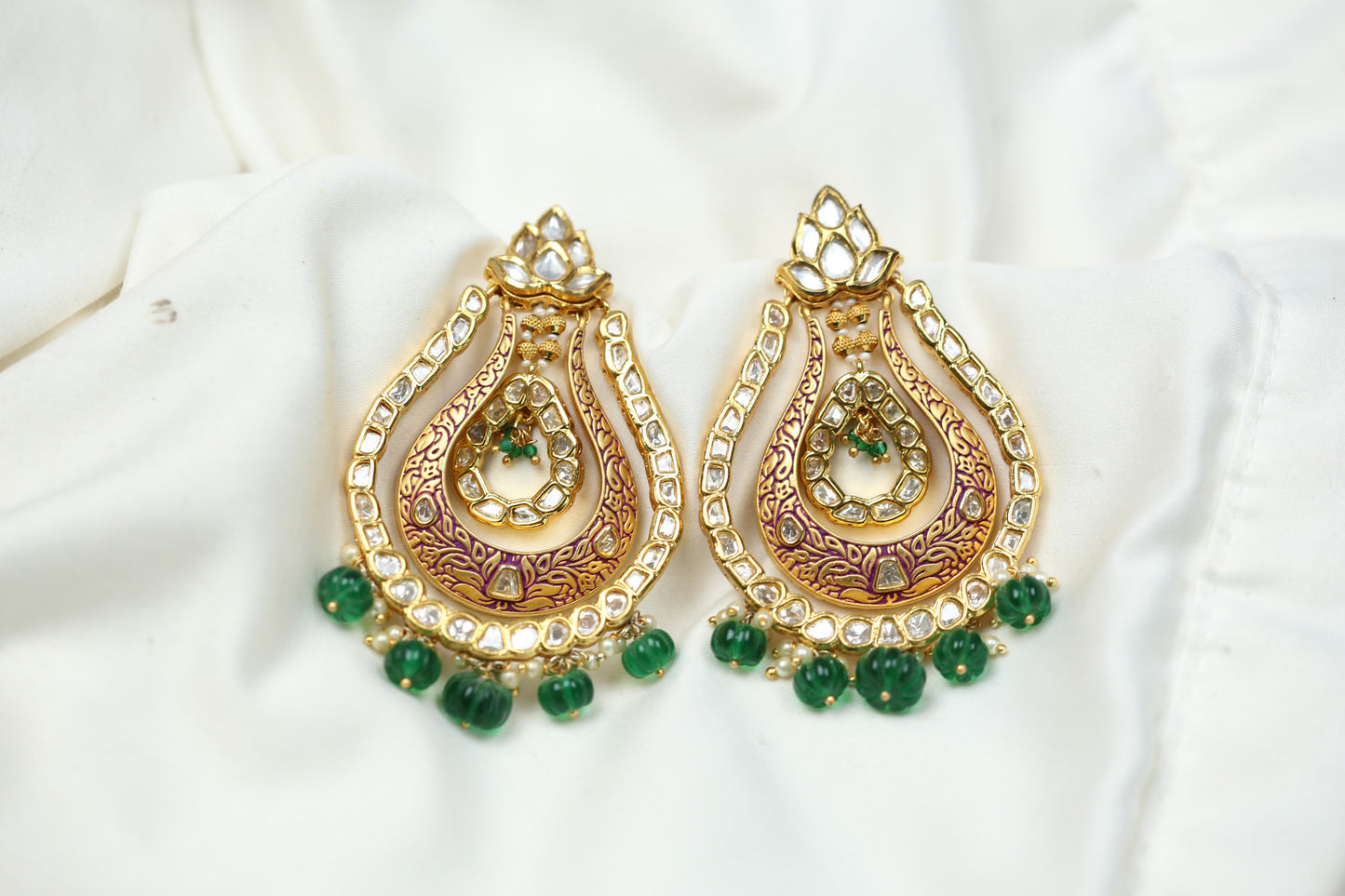Premium Matt Gold Enamel & Polki Earrings