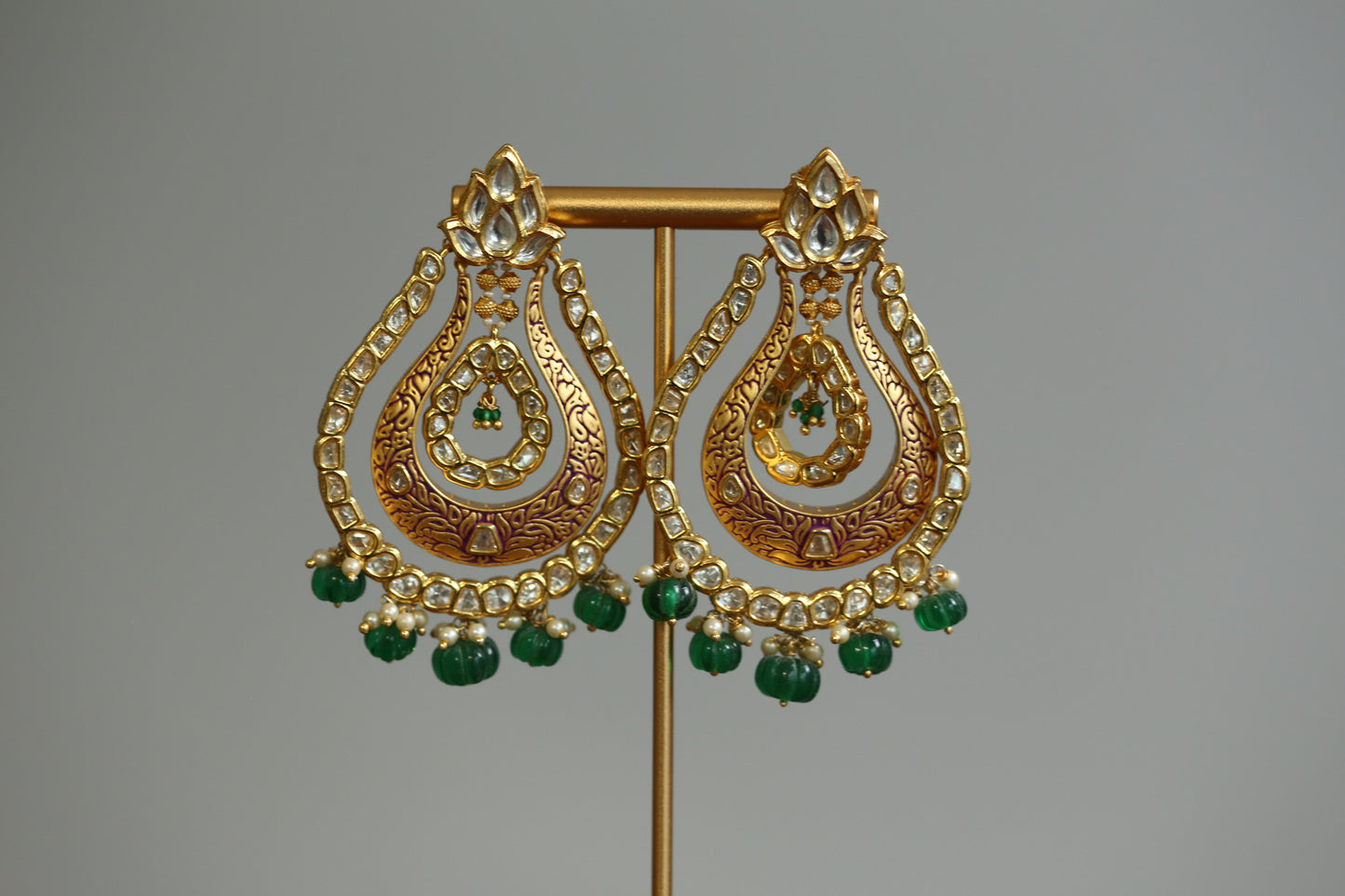 Premium Matt Gold Enamel & Polki Earrings