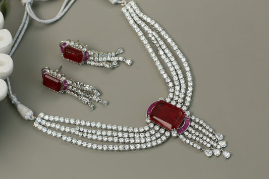 Grace Premium CZ Solitaire Diamond Look Necklace - Red