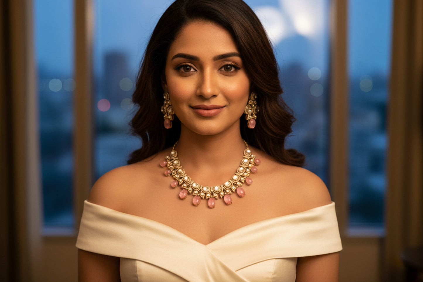 Pink Pota Doublet Moissanite Polki Set