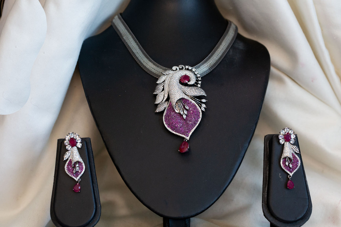 Victorian Black Polish & Micro CZ Necklace Set - Ruby