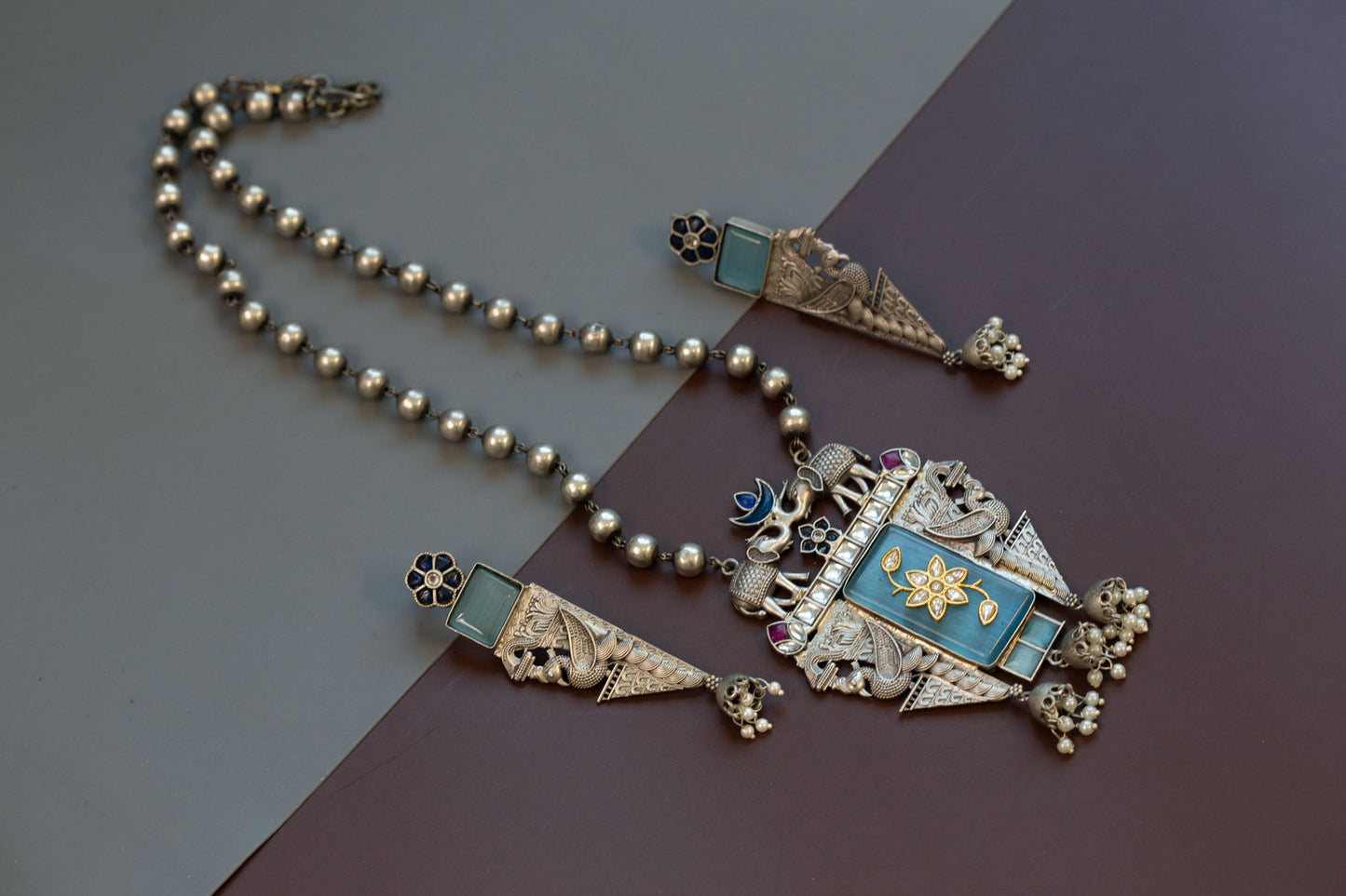 Inlay Work Long SLA Necklace Set - Blue