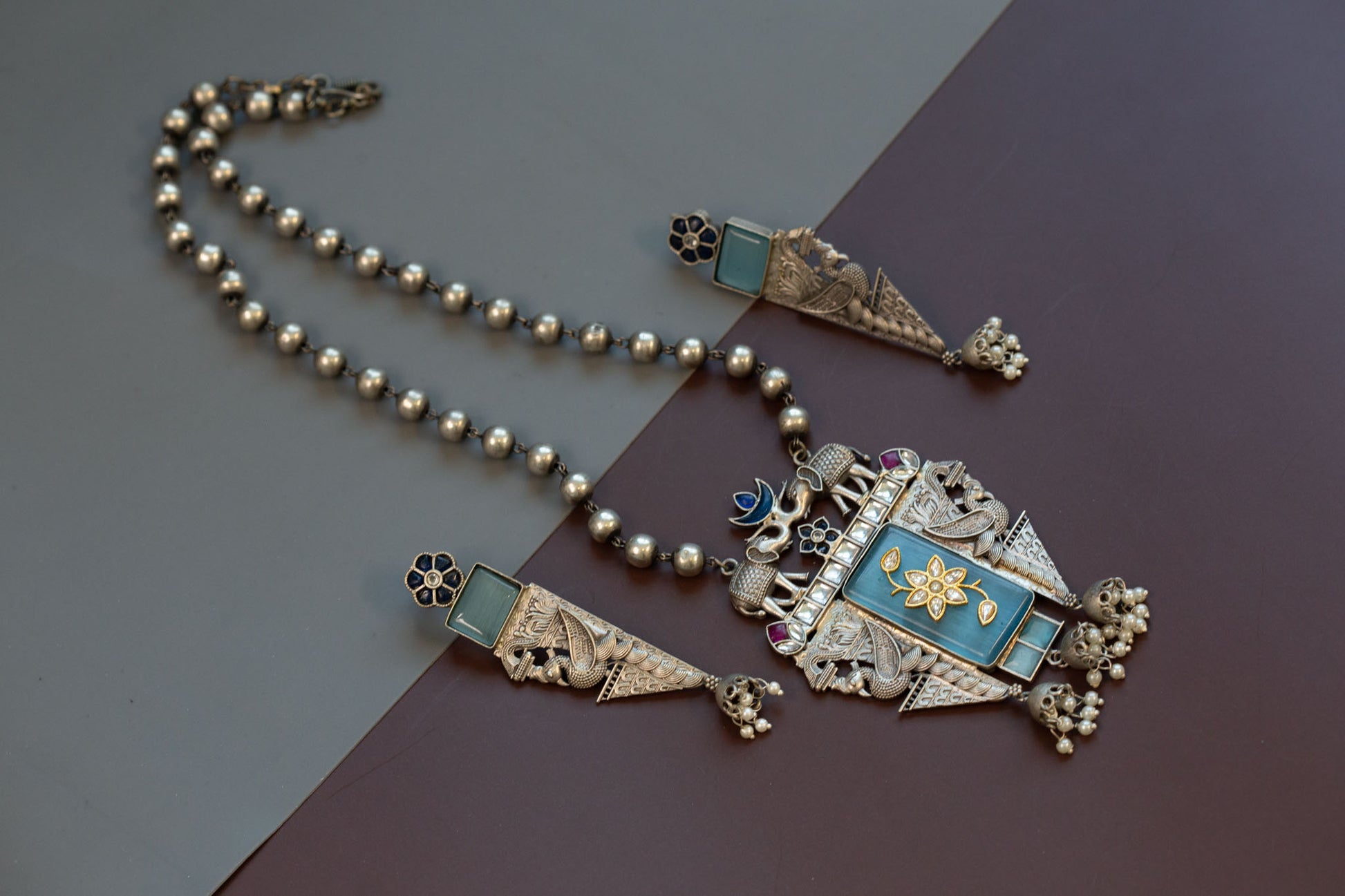 Inlay Work Long SLA Necklace Set - Blue
