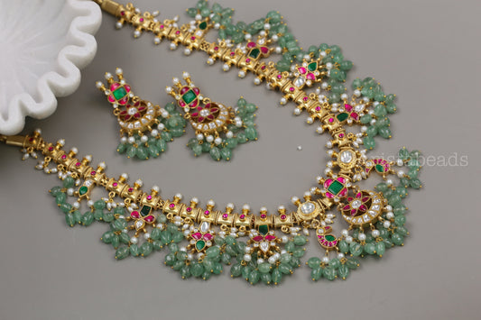 Handmade Jadau Guttapusalu Set With Aventurine Drops (104-72)