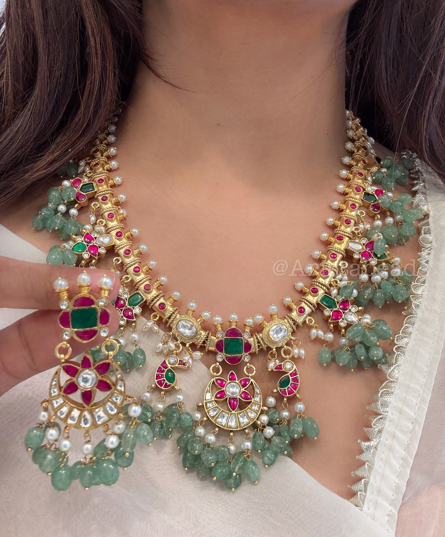Handmade Jadau Guttapusalu Set With Aventurine Drops (104-72)
