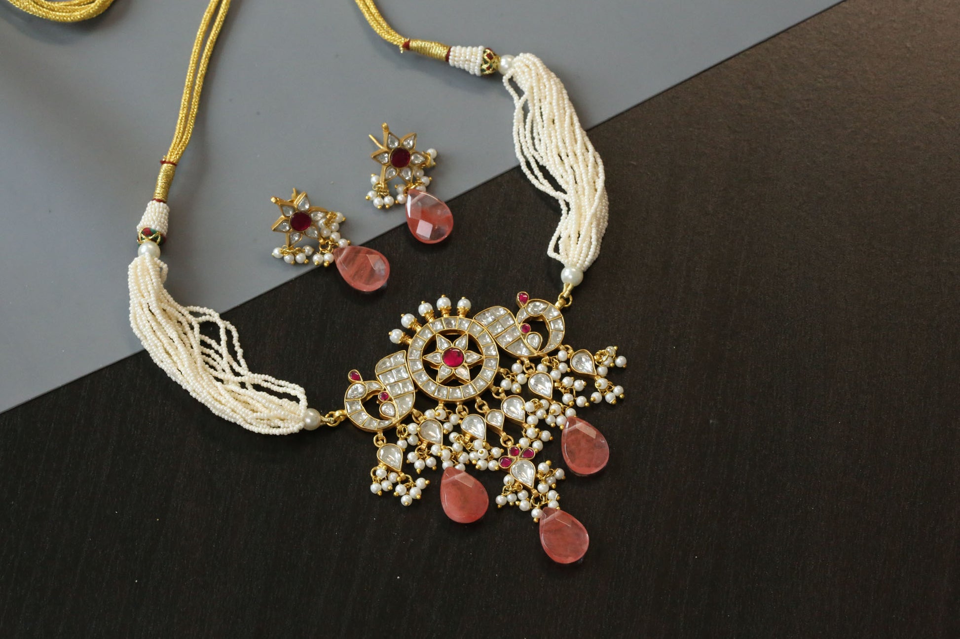 Handmade Jadau Choker Set - Faceted Strawberry Quartz Drops