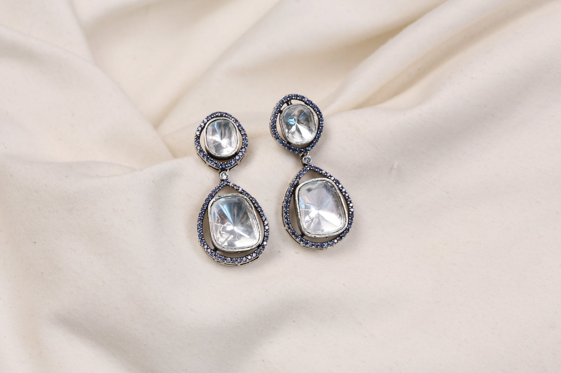 Premium Uncut Polki & Blue CZ Earrings (102-15)