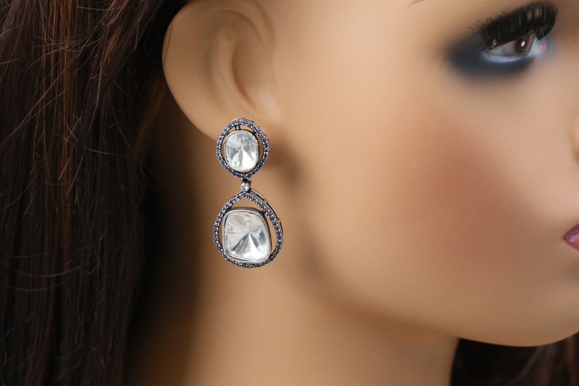 Premium Uncut Polki & Blue CZ Earrings (102-15)