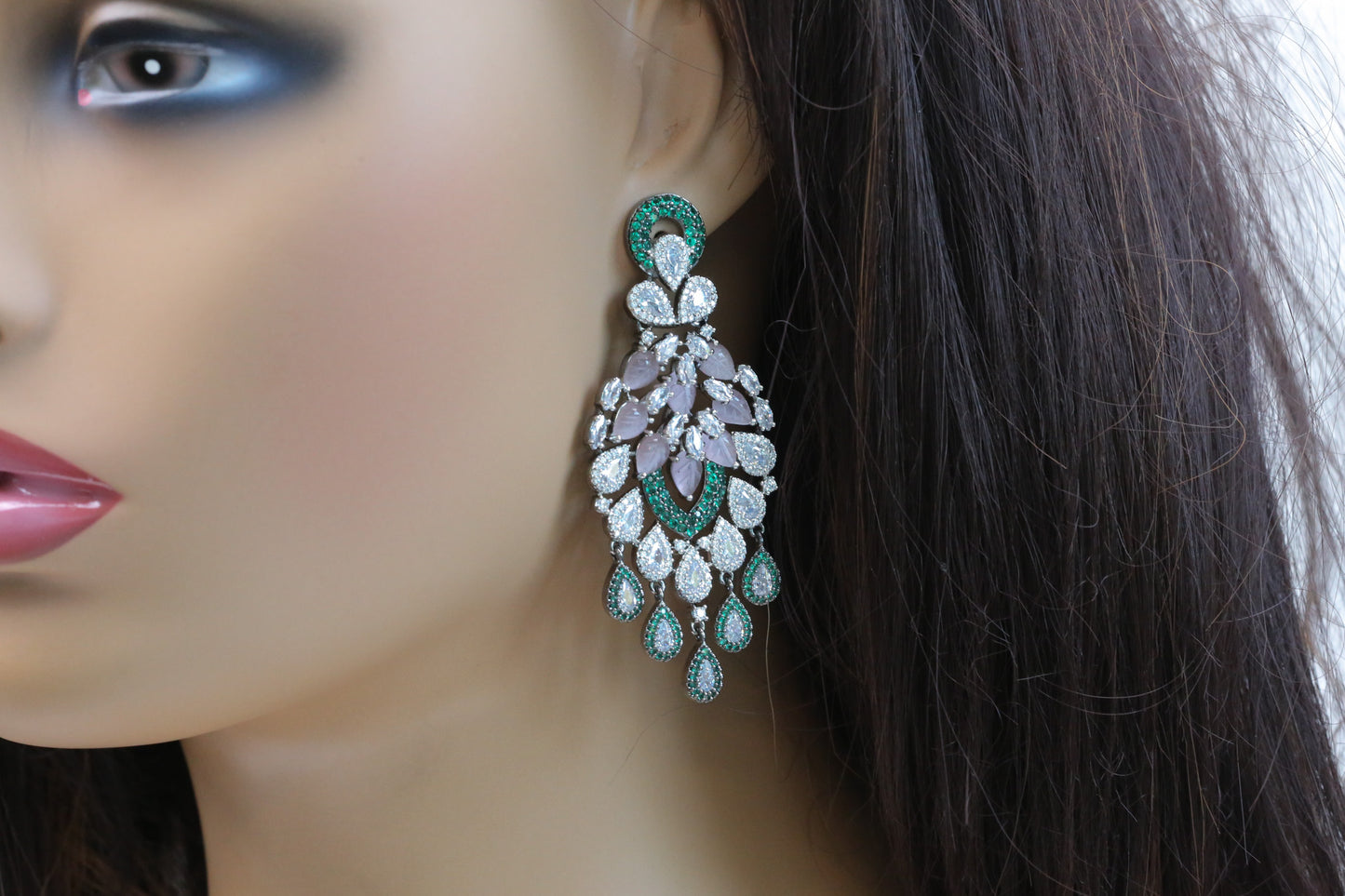 Carved Stones Doublet Micro CZ Earrings - Green Pink