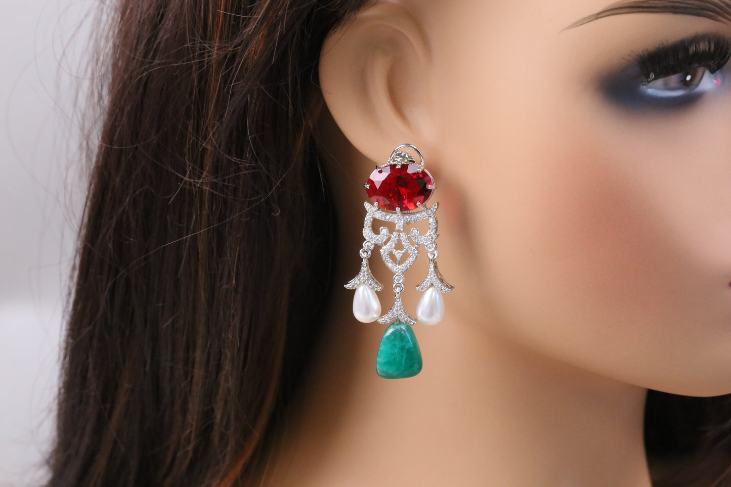Premium Cubic Zircon, Micro CZ & Pearls Earrings (102-17) -Red