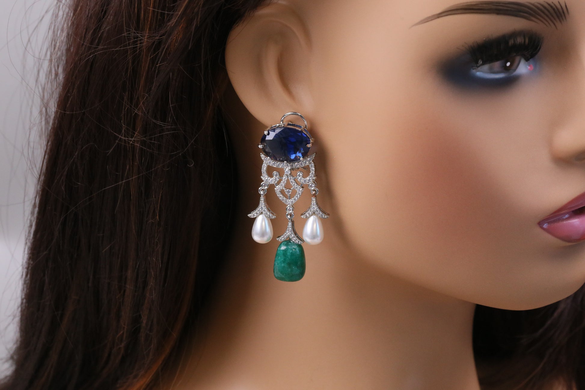 Premium Cubic Zircon, Micro CZ & Pearls Earrings (102-16) - Blue