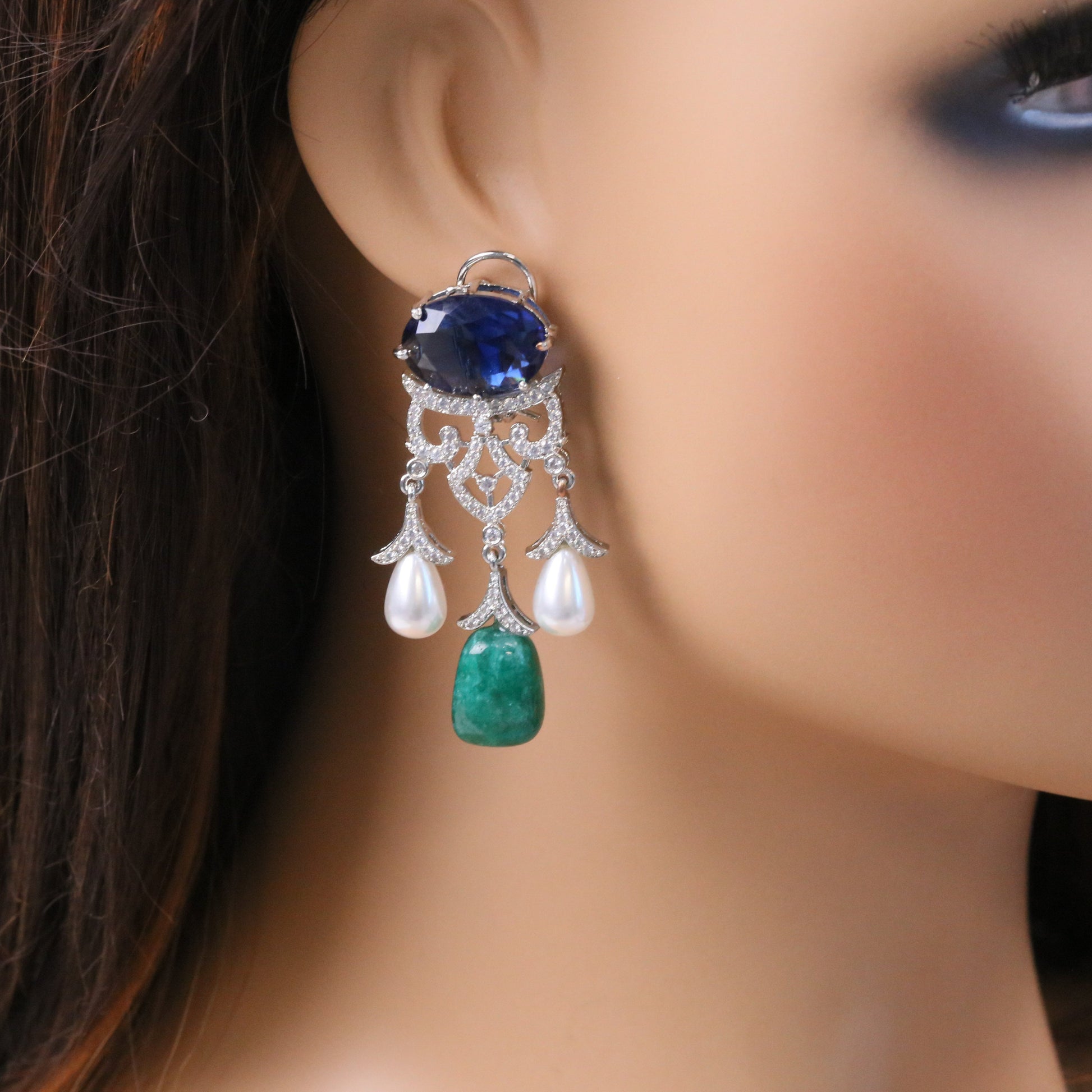 Premium Cubic Zircon, Micro CZ & Pearls Earrings (102-16) - Blue
