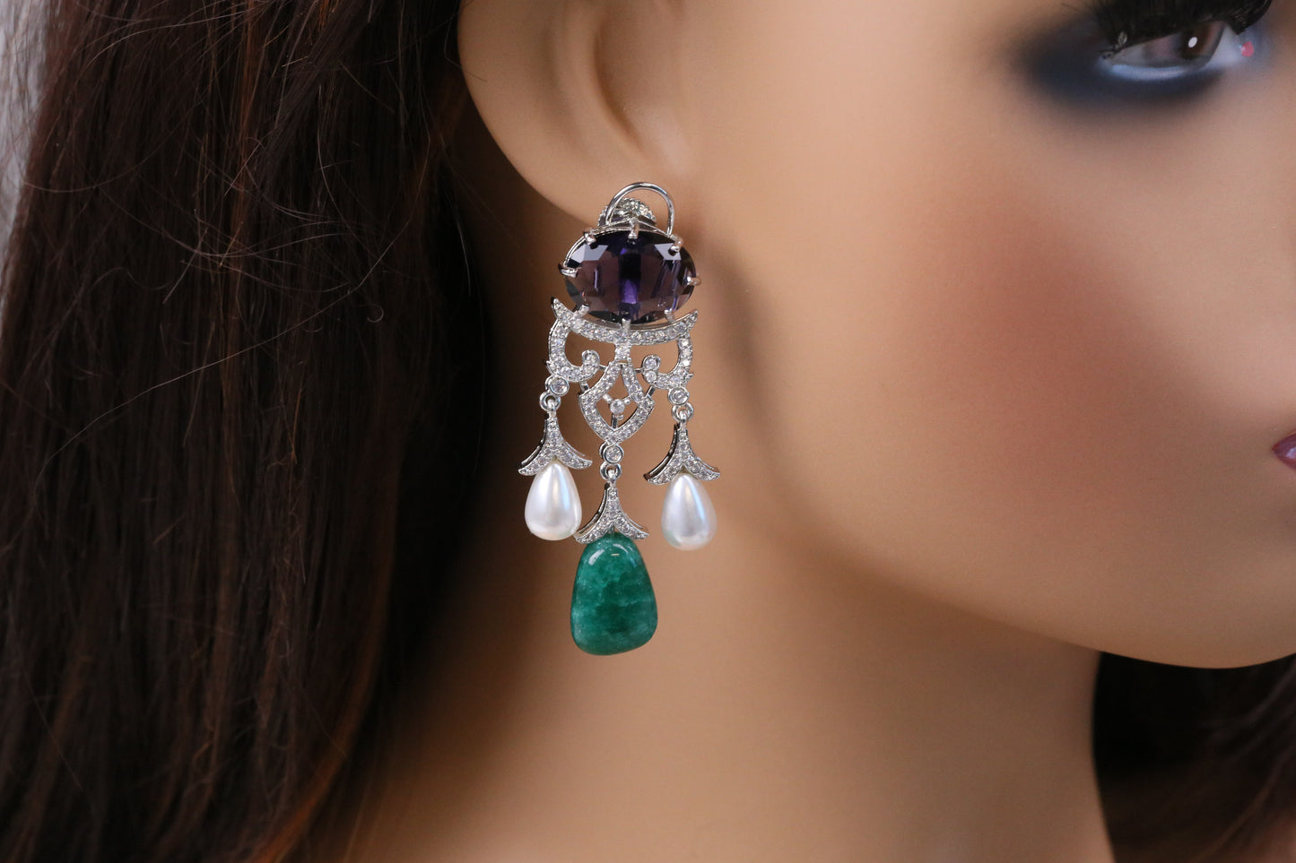 Premium Cubic Zircon, Micro CZ & Pearls Earrings (102-18) - Purple