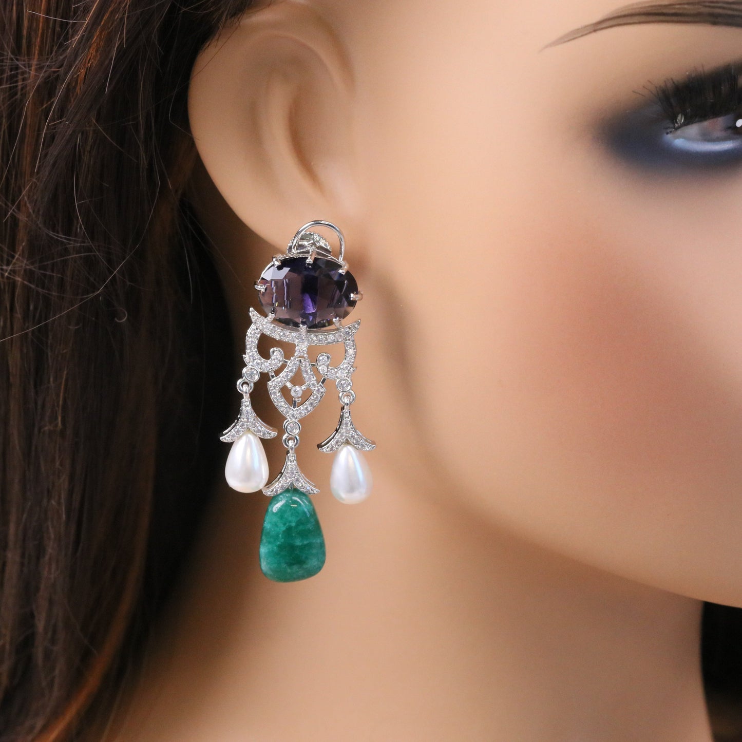 Premium Cubic Zircon, Micro CZ & Pearls Earrings (102-18) - Purple