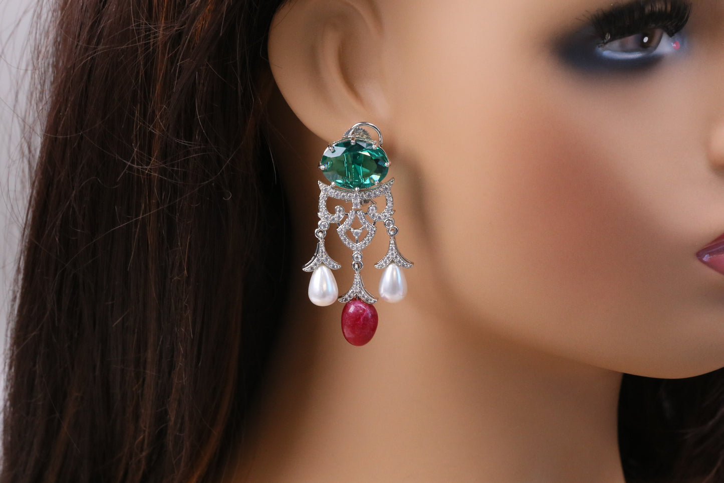Premium  Micro CZ & Pearls Earrings (102-18) - Green