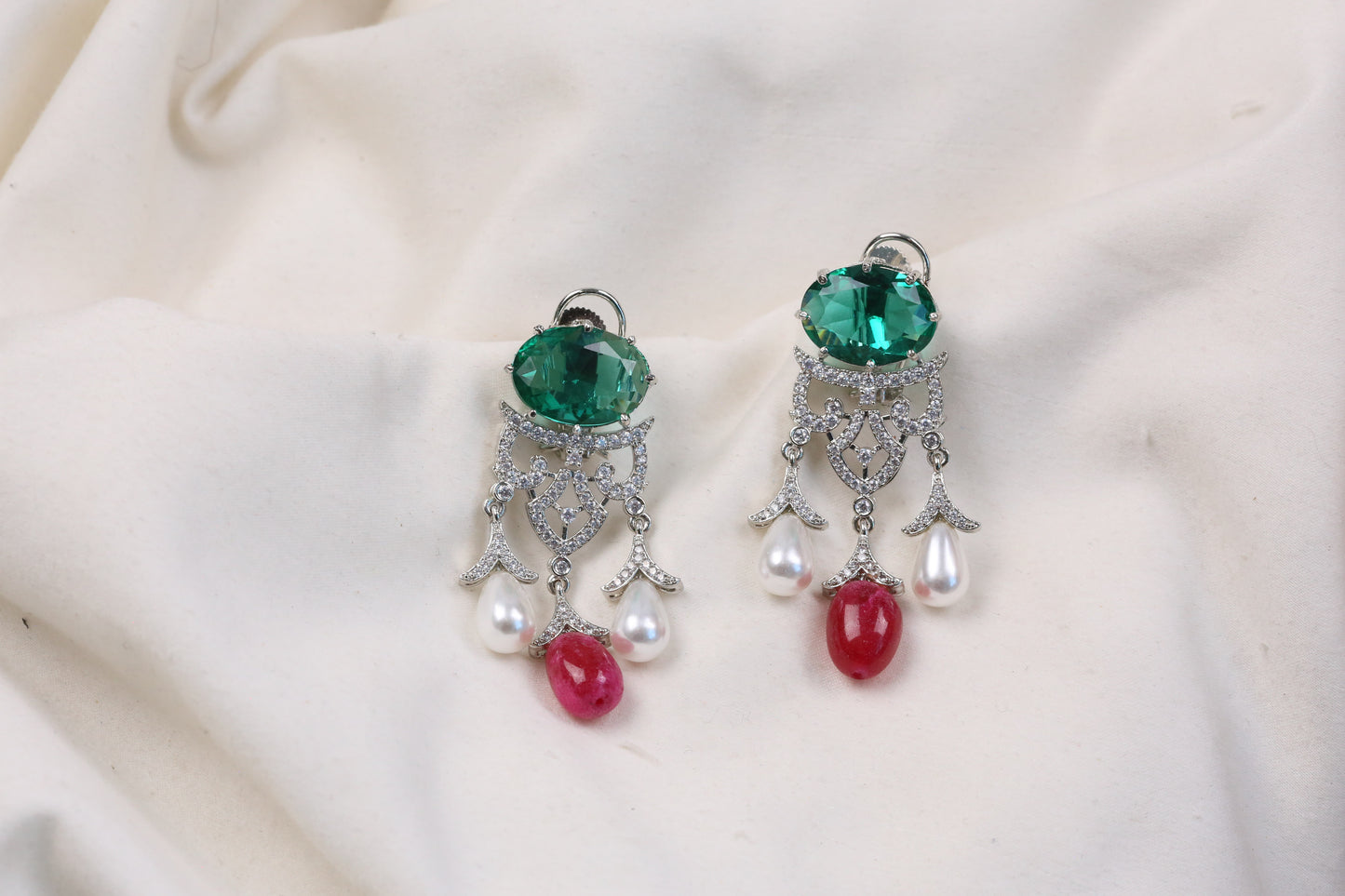 Premium  Micro CZ & Pearls Earrings (102-18) - Green