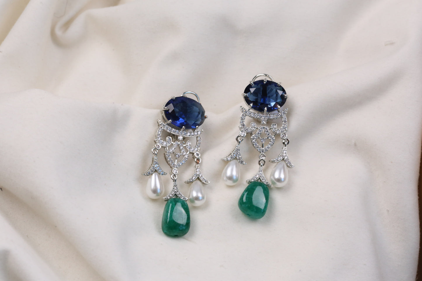 Premium Cubic Zircon, Micro CZ & Pearls Earrings (102-16) - Blue
