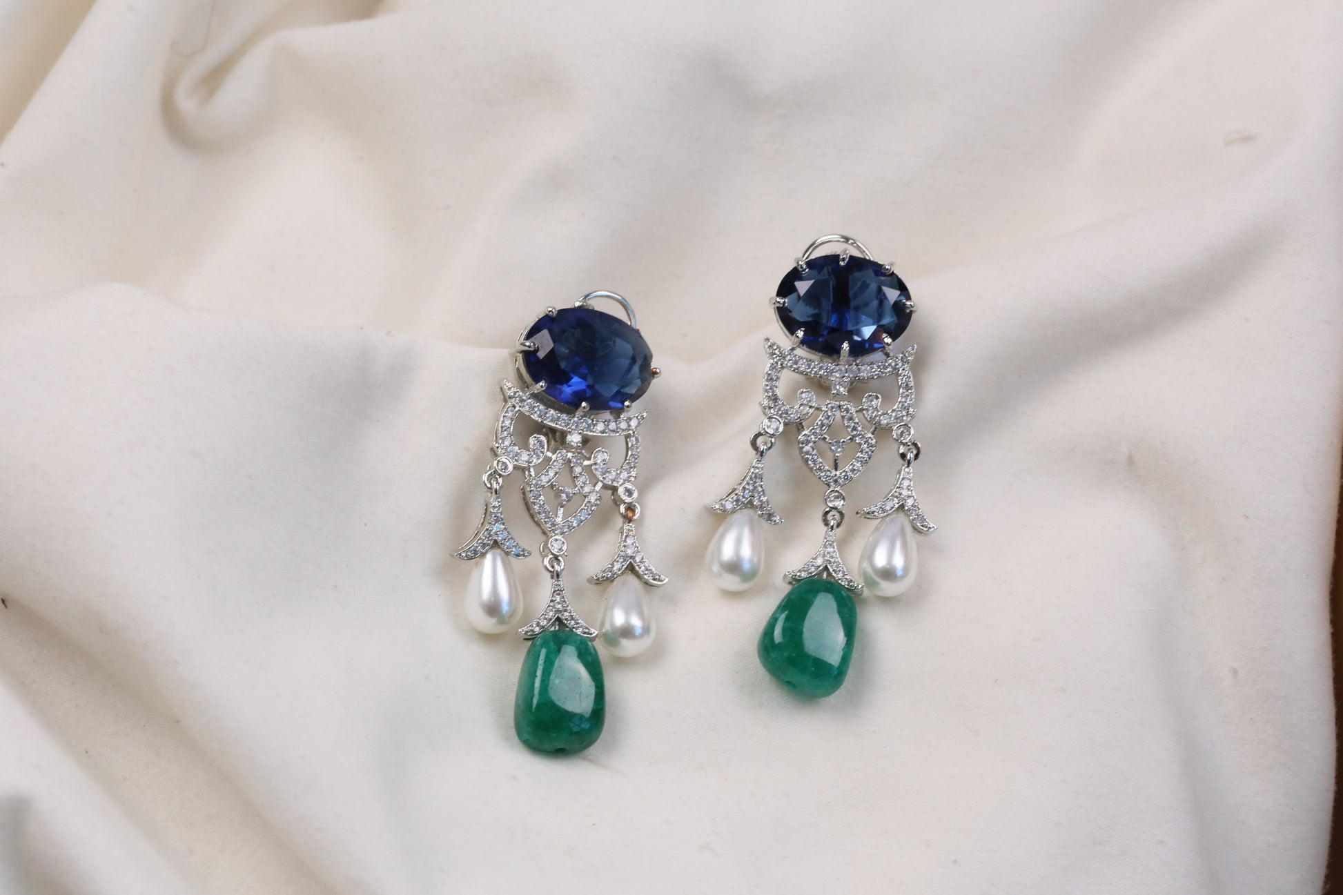 Premium Cubic Zircon, Micro CZ & Pearls Earrings (102-16) - Blue