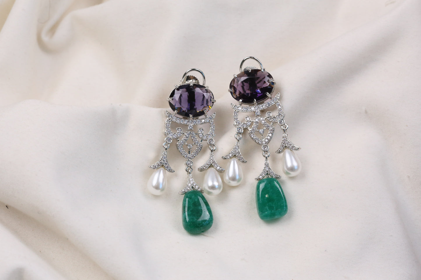 Premium Cubic Zircon, Micro CZ & Pearls Earrings (102-18) - Purple