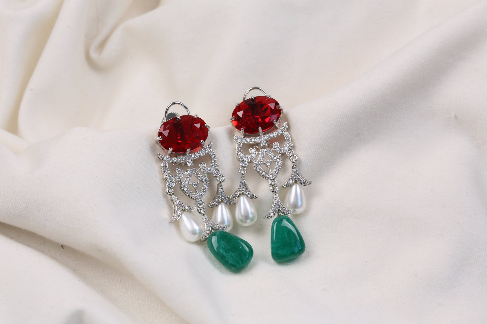 Premium Cubic Zircon, Micro CZ & Pearls Earrings (102-17) -Red
