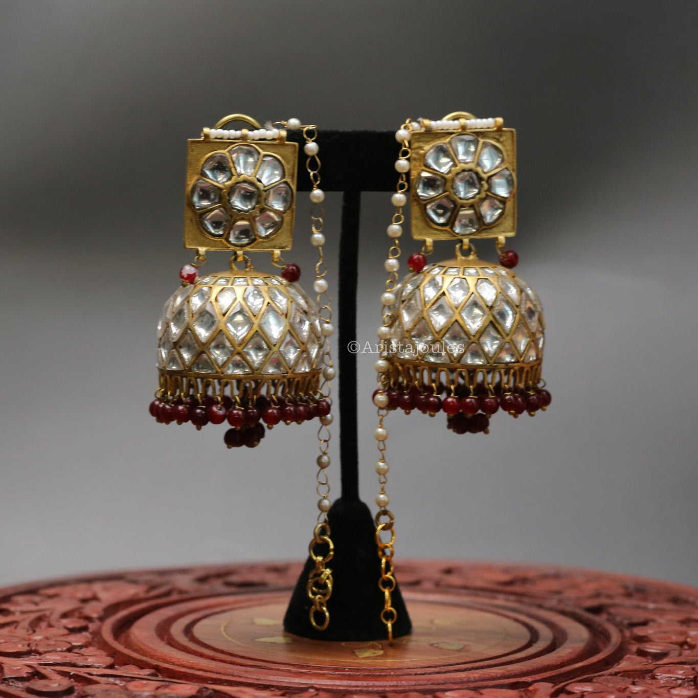 Mrunal Vintage Polish Jhumka With Red Oxyx Drops
