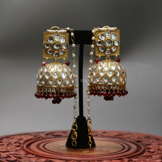 Mrunal Vintage Polish Jhumka With Red Oxyx Drops