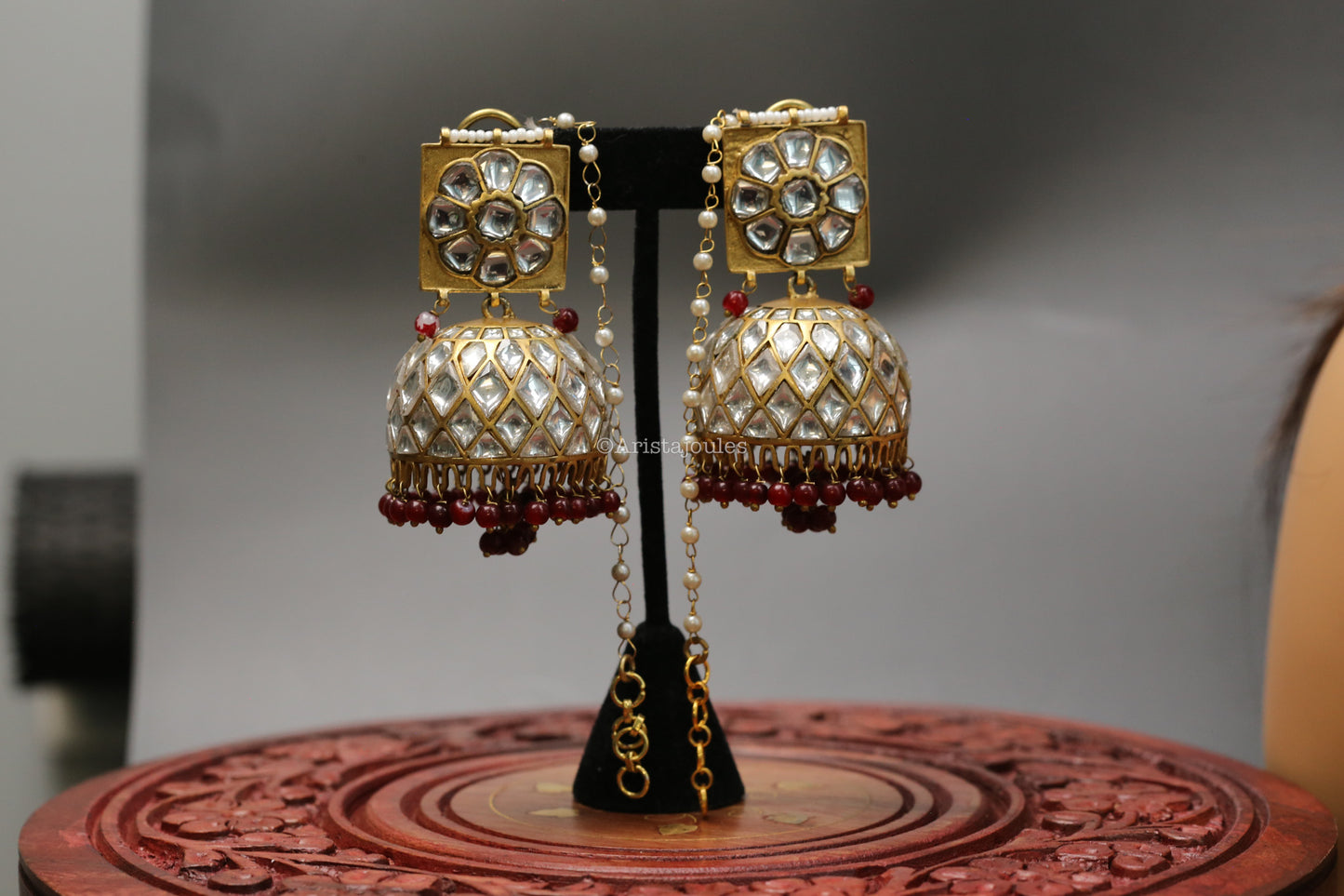 Mrunal Vintage Polish Jhumka With Red Oxyx Drops
