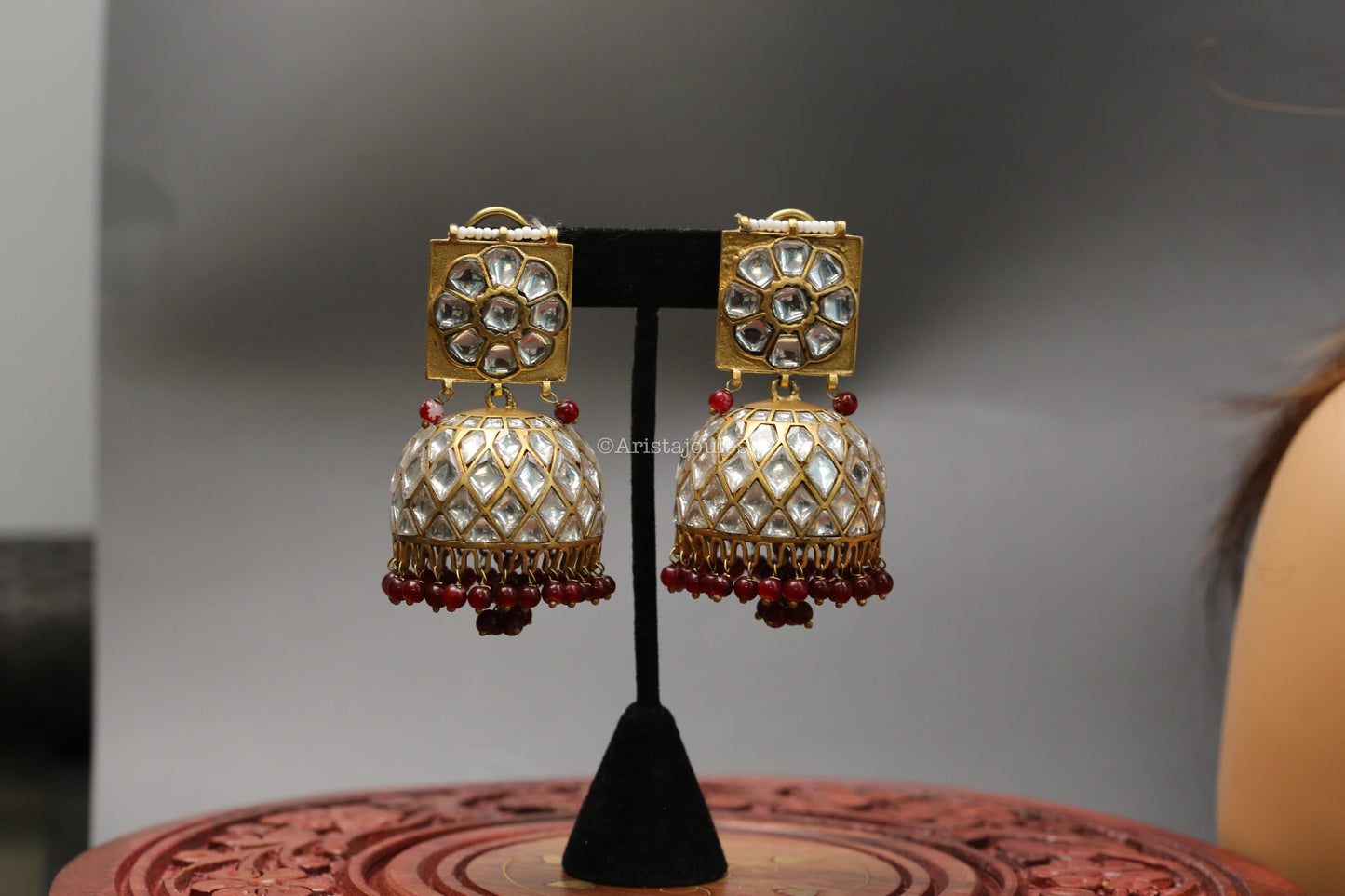 Mrunal Vintage Polish Jhumka With Red Oxyx Drops