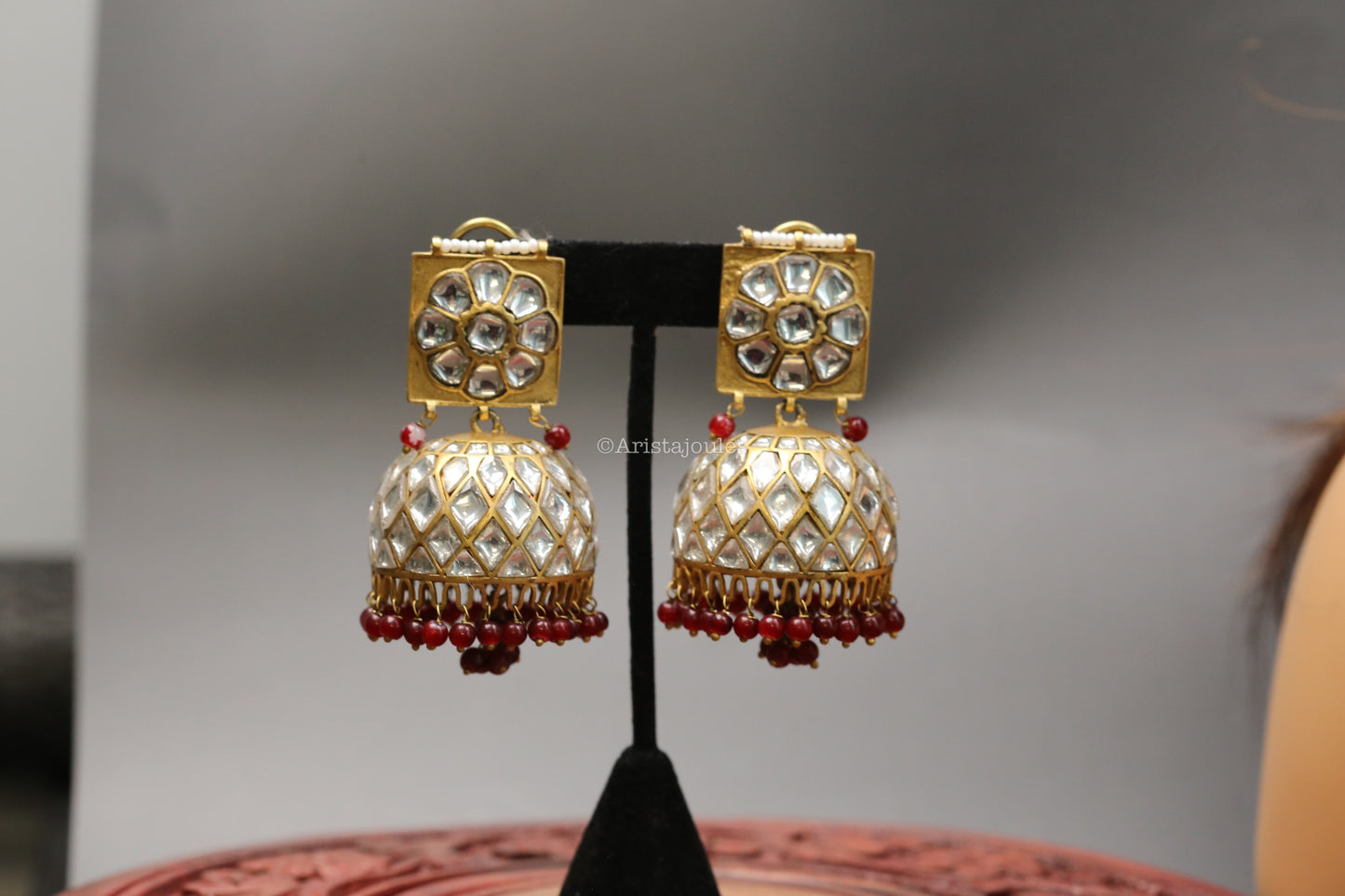 Mrunal Vintage Polish Jhumka With Red Oxyx Drops