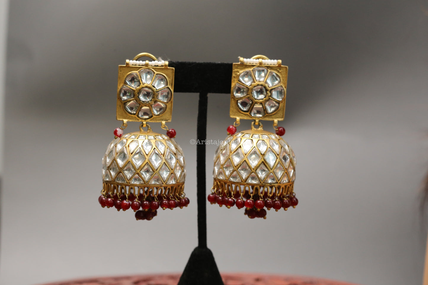 Mrunal Vintage Polish Jhumka With Red Oxyx Drops