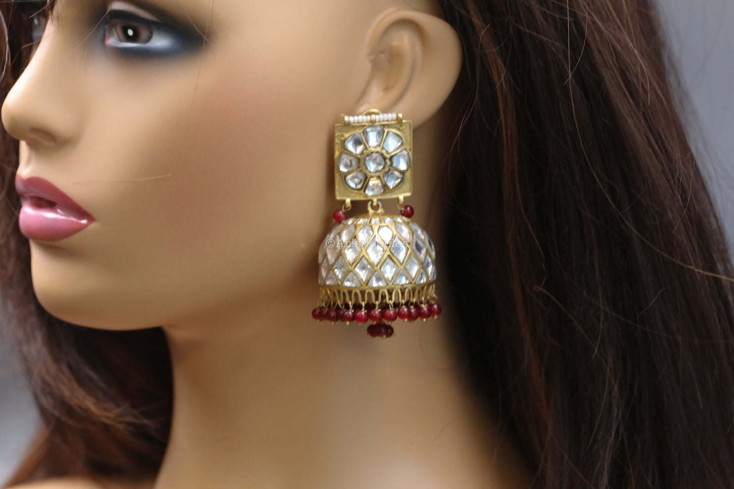 Mrunal Vintage Polish Jhumka With Red Oxyx Drops