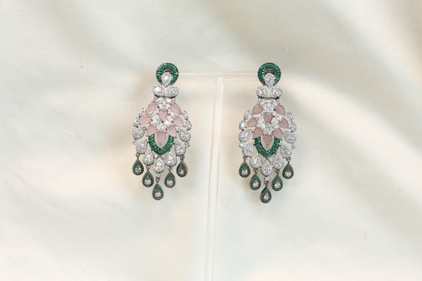 Carved Stones Doublet Micro CZ Earrings - Green Pink