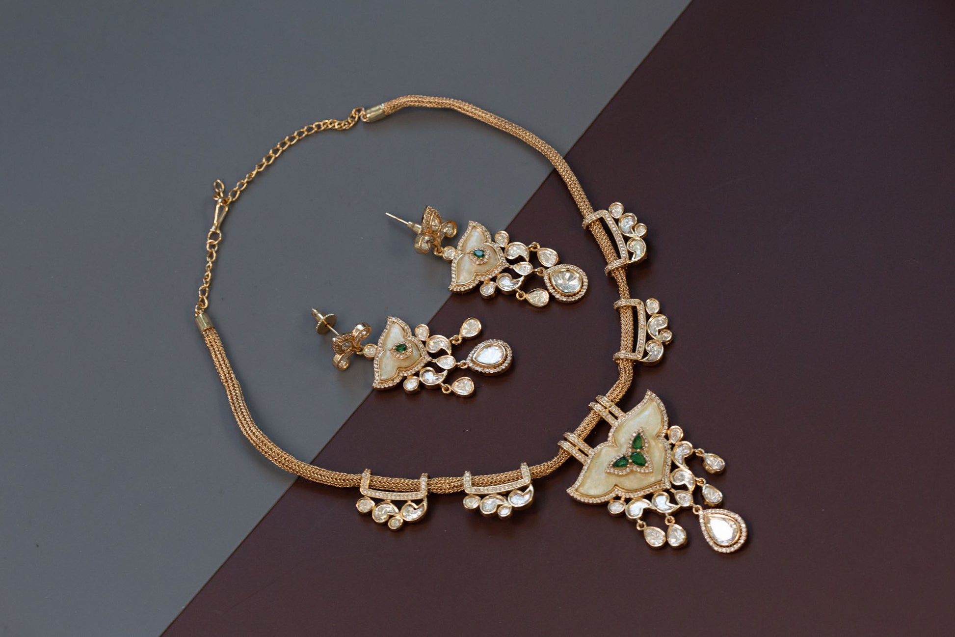 Kundan Polki CZ & MOP Necklace Set - Green