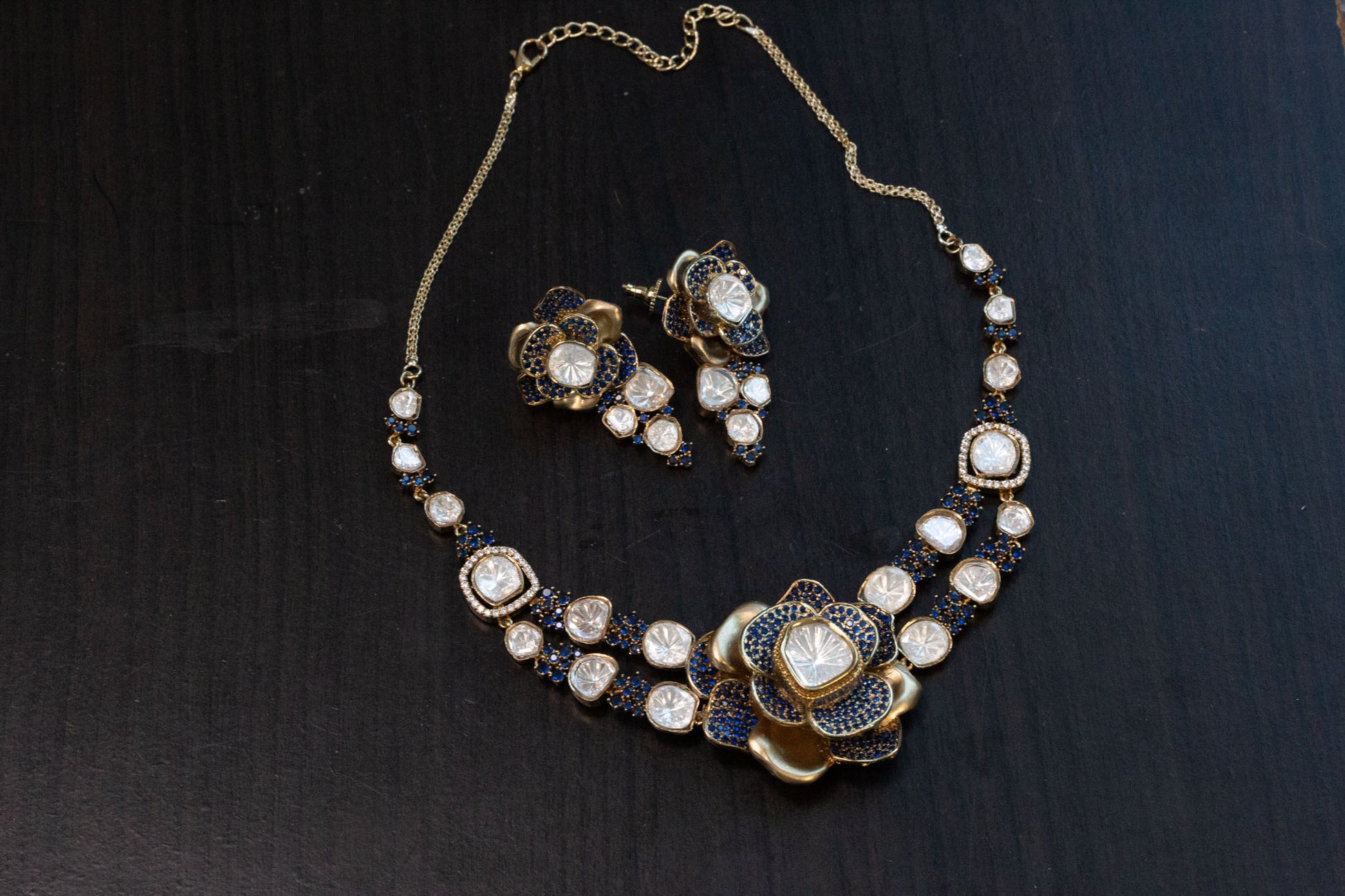 Contemporary 3D Look CZ & Polki Set Necklace Set - Blue