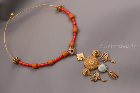925 Silver Kemp Temple Hasli Necklace - Coral Beads