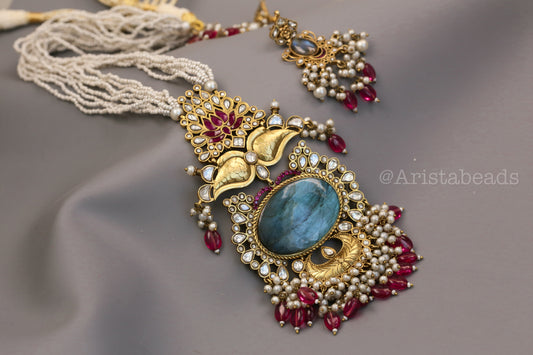 Real Labradorite Jadau Kundan Necklace Set