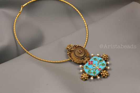 925 Silver Turquoise Kundan Inlay & Temple Motif Pendant
