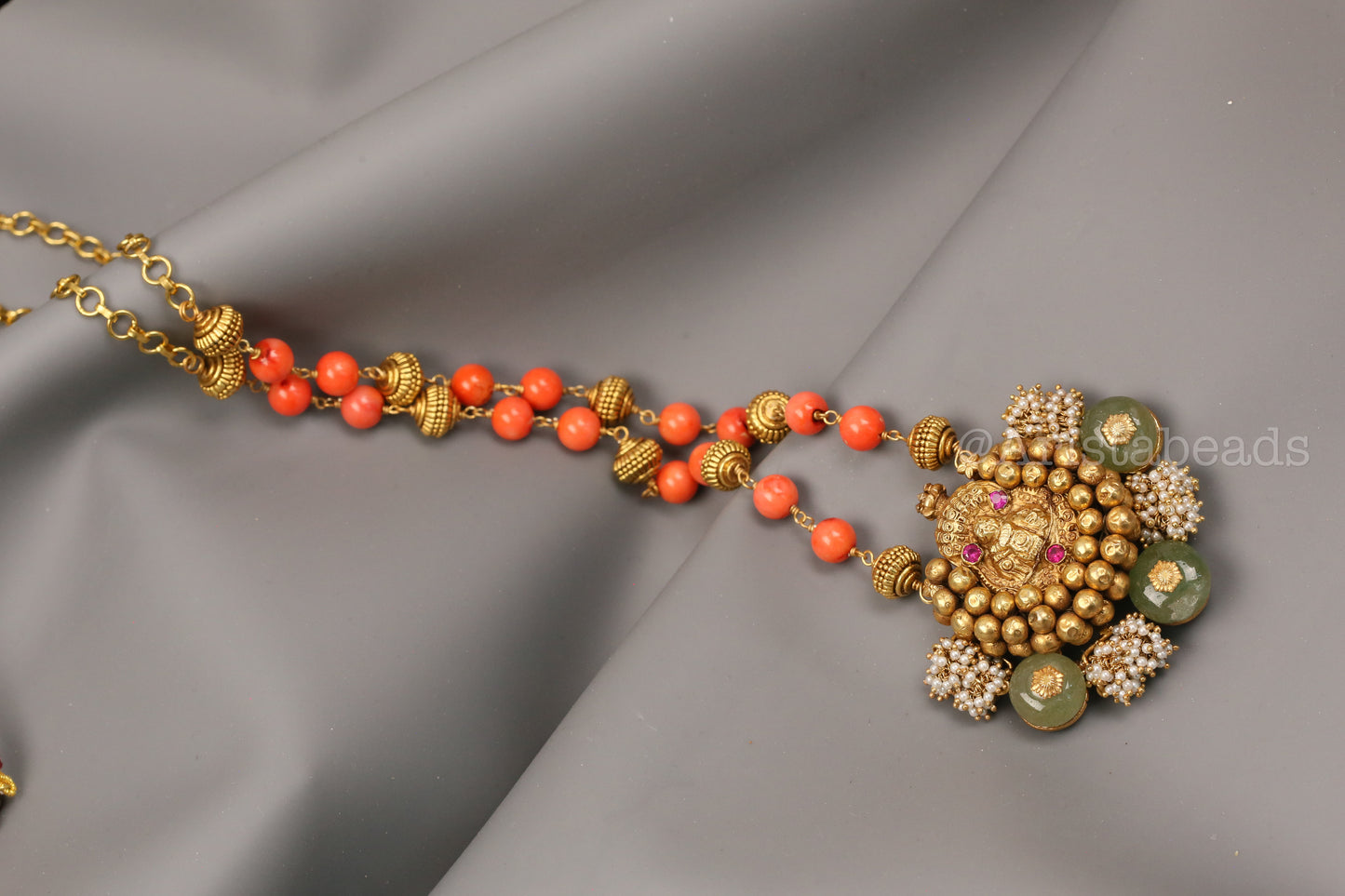 925 Silver Kemp Nagaru Necklace - Natural Pearls, Jade & Coral