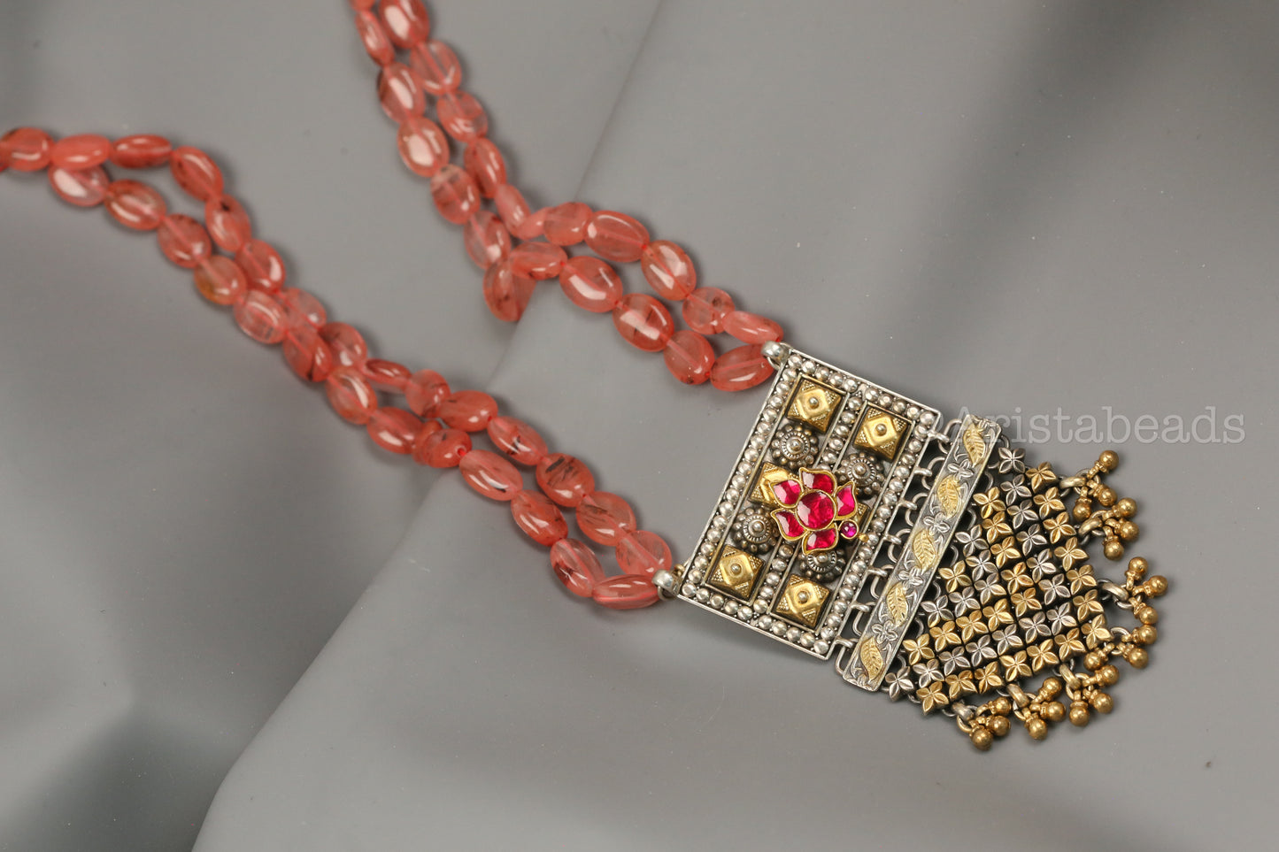 925 Silver Kundan Necklace In Strawberry Quartz Beads