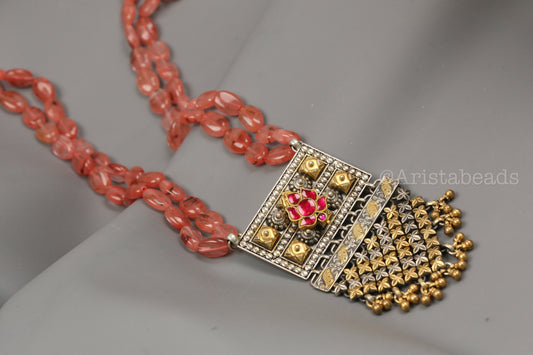 925 Silver Kundan Necklace In Strawberry Quartz Beads