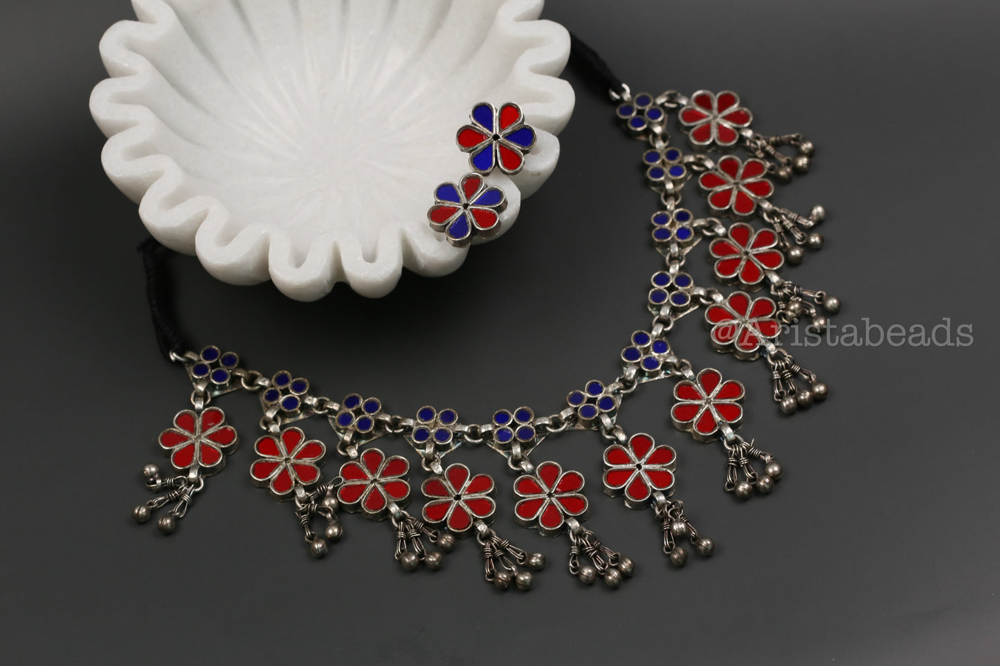 Roop Real Glass Necklace Set - Blue Red