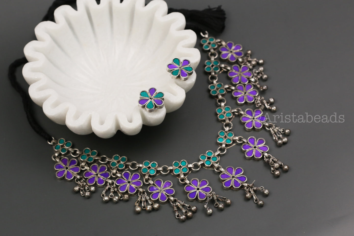 Roop Real Glass Necklace Set - Purple Teal