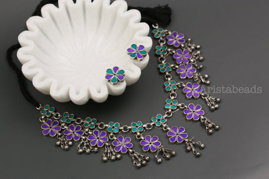 Roop Real Glass Necklace Set - Purple Teal