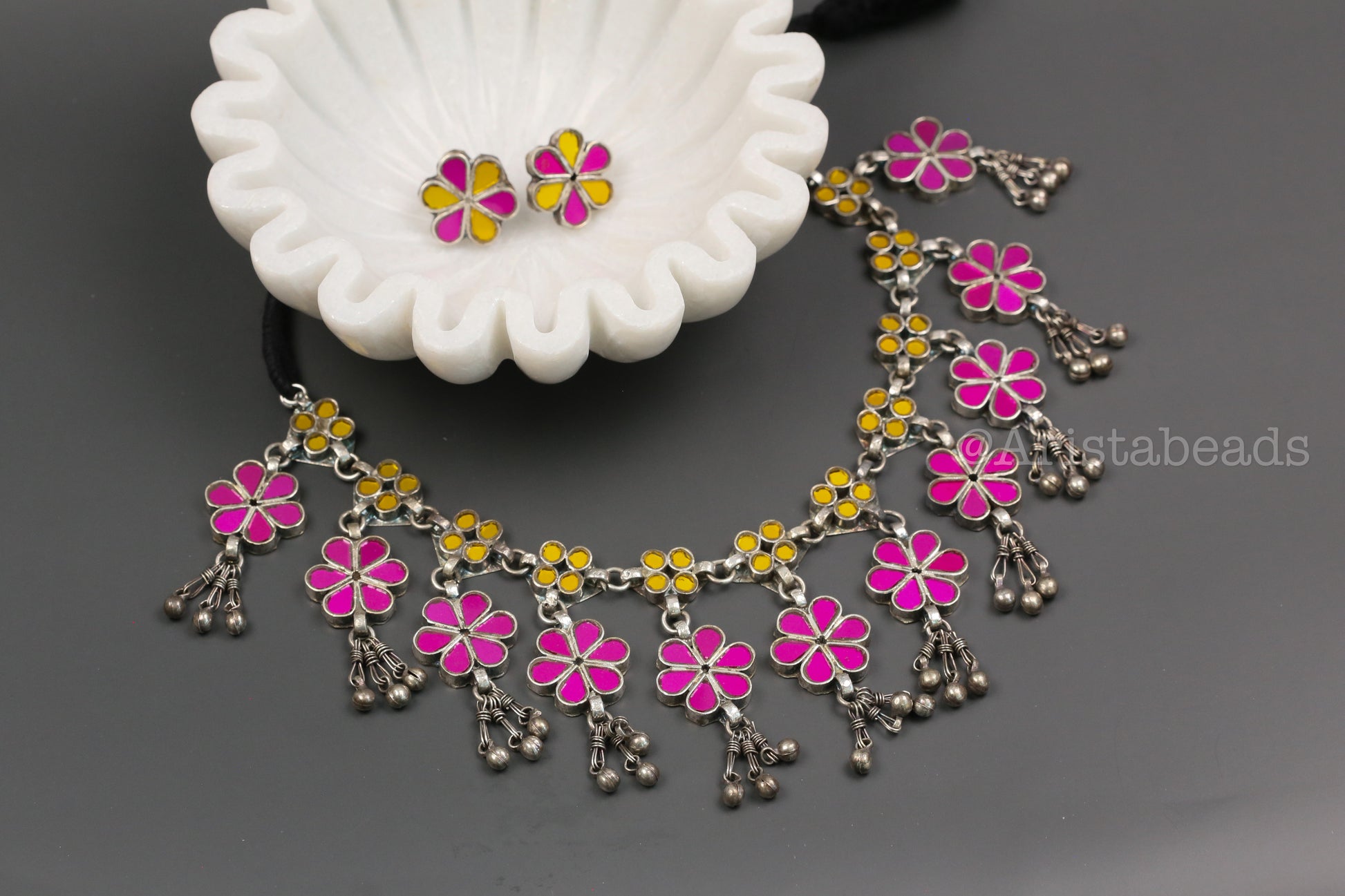 Roop Real Glass Necklace Set - Yellow Hot Pink